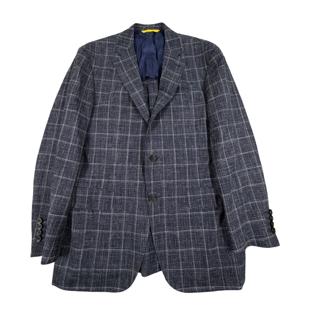 Canali Kei Travel Men Blazer Sport Coat Plaid Blue Linen Silk Wool IT 52R US 40R